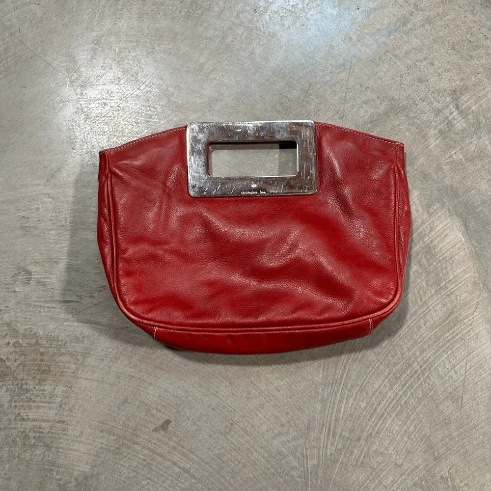 Christopher Kon Canadian Designer Red Leather Clutch with Heavy Metal Handle - Picture 1 of 13